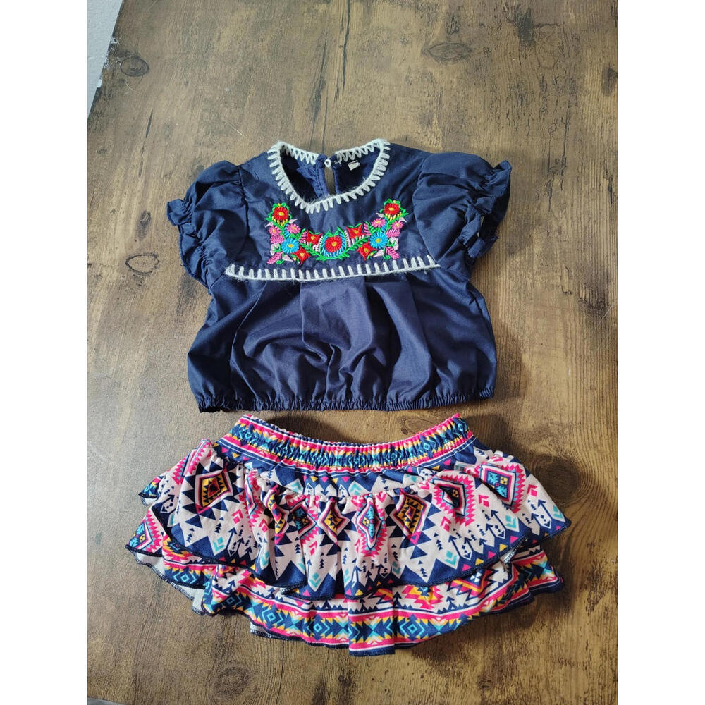 Baby Girl 12-18 mo Mexican Outfit Navy Crop Top Multicolor layered geom skirt.